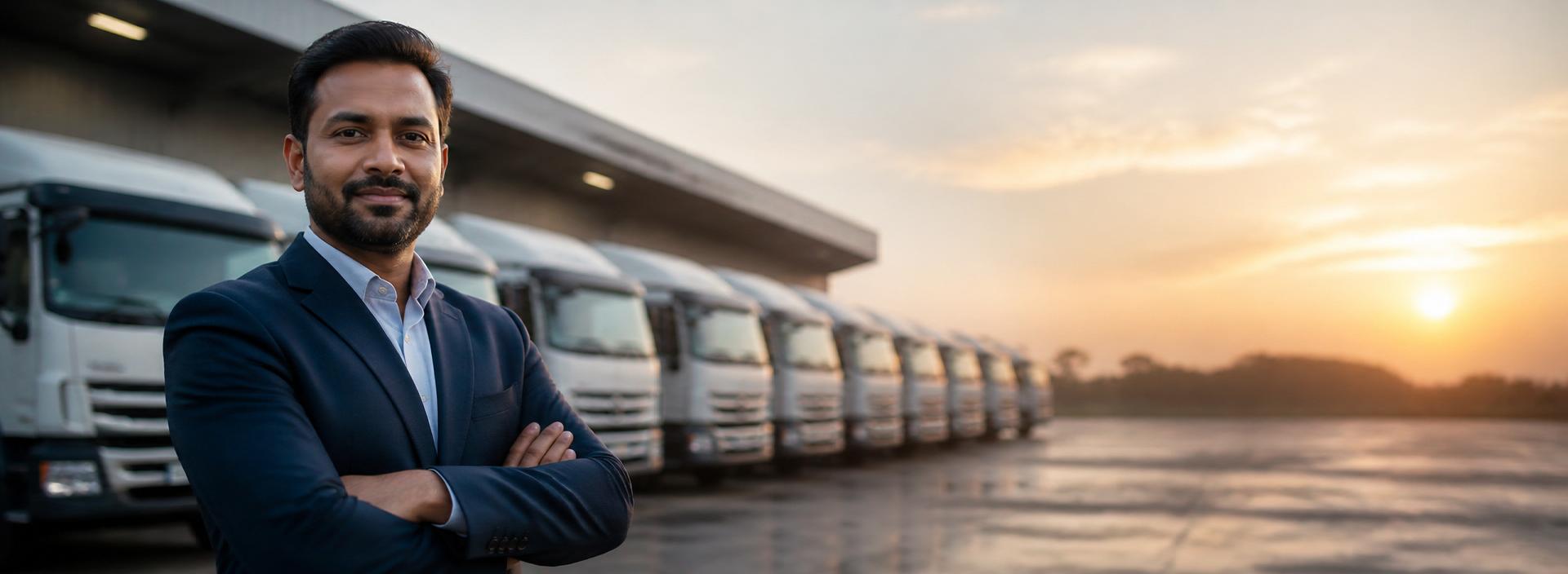 Business owner standing in front of a fleet of commercial trucks