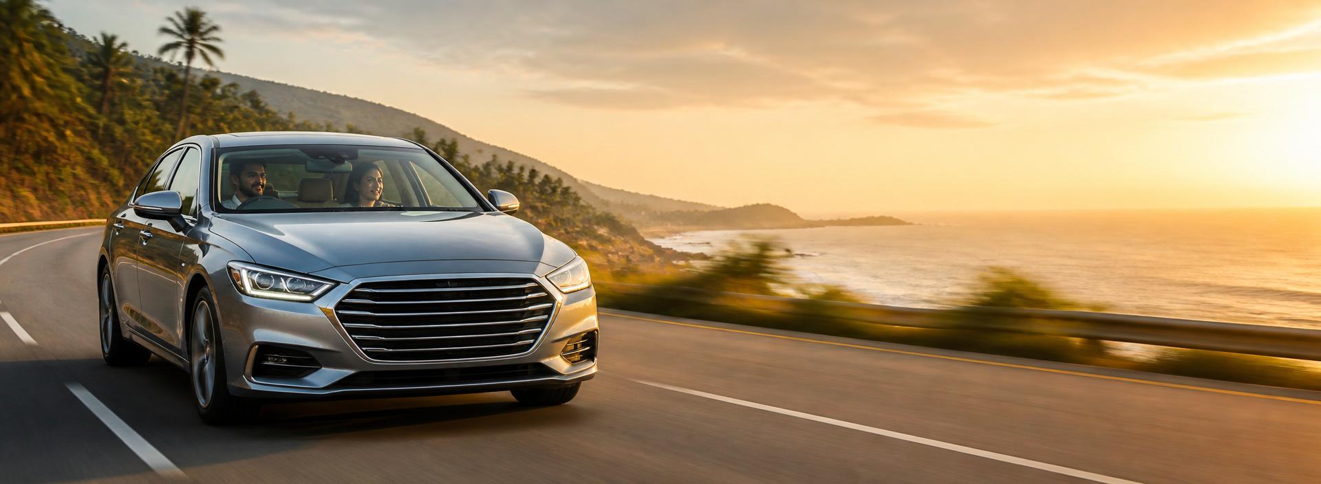 Luxury sedan driving along a coastal highway at sunset